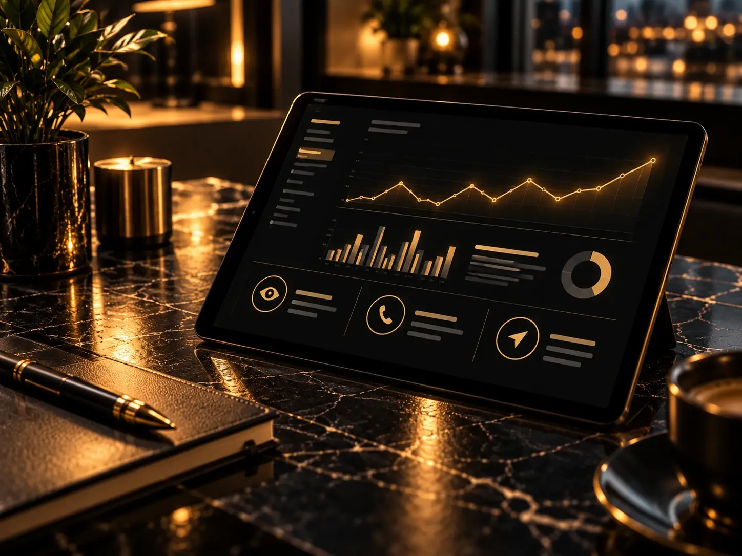 Tablet mit Auswertung von Aufrufen, Anrufen und Routenanfragen als Monatsbericht