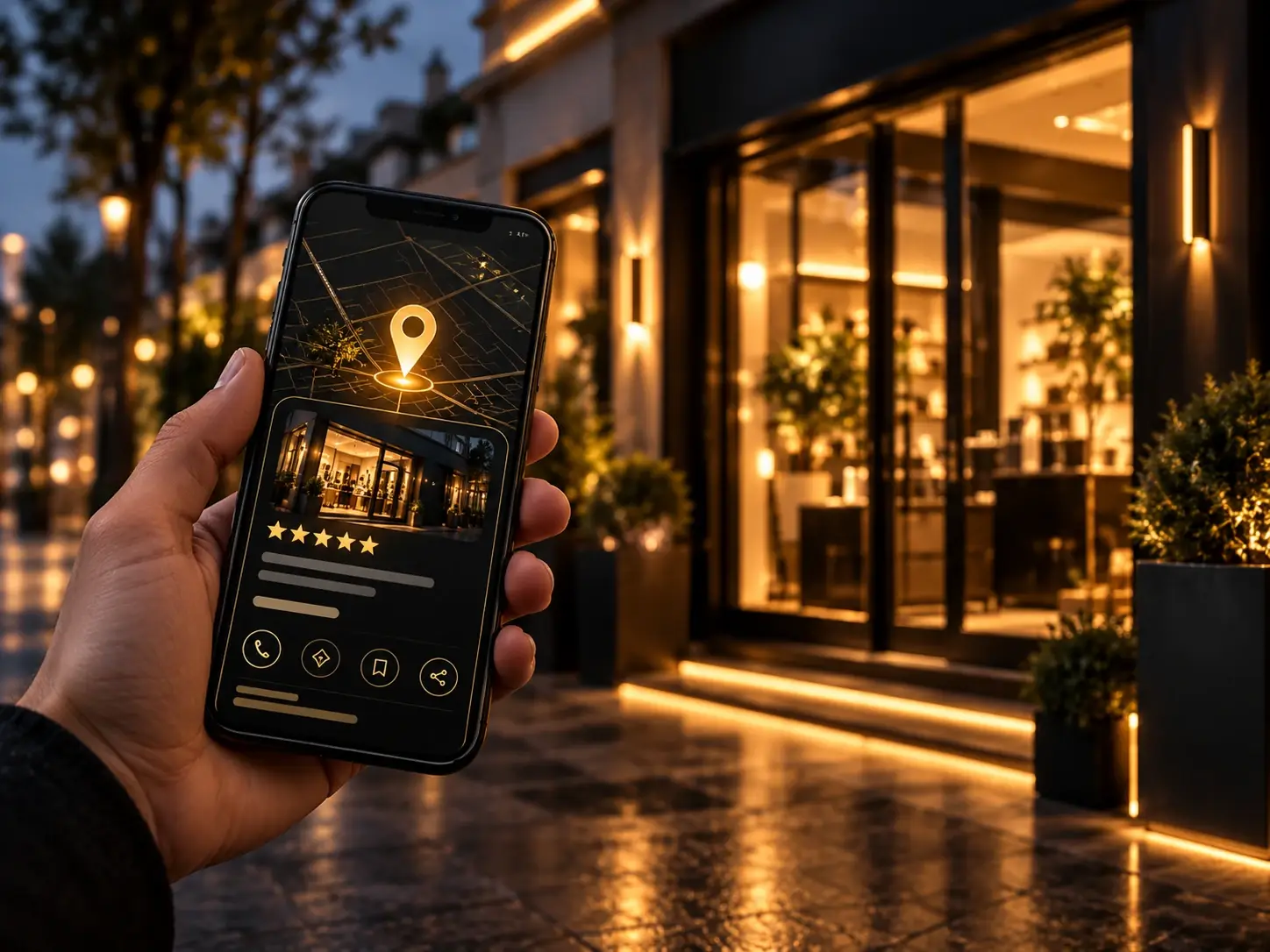 Smartphone mit Kartenansicht und Bewertungssternen vor einem beleuchteten Ladengeschäft