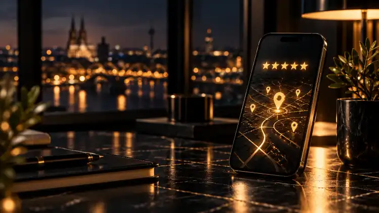 Smartphone mit Kartenansicht und goldenen Standort-Markierungen