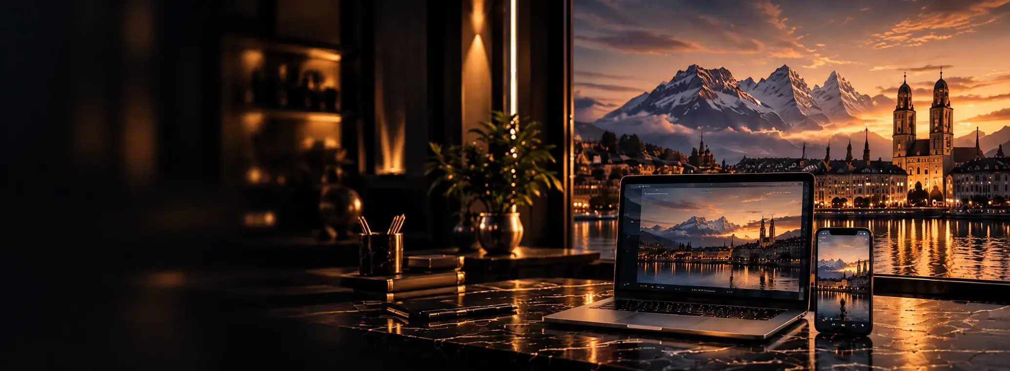 Laptop und Smartphone auf einem Marmortisch mit Blick auf Zürich und die Alpen bei Sonnenuntergang