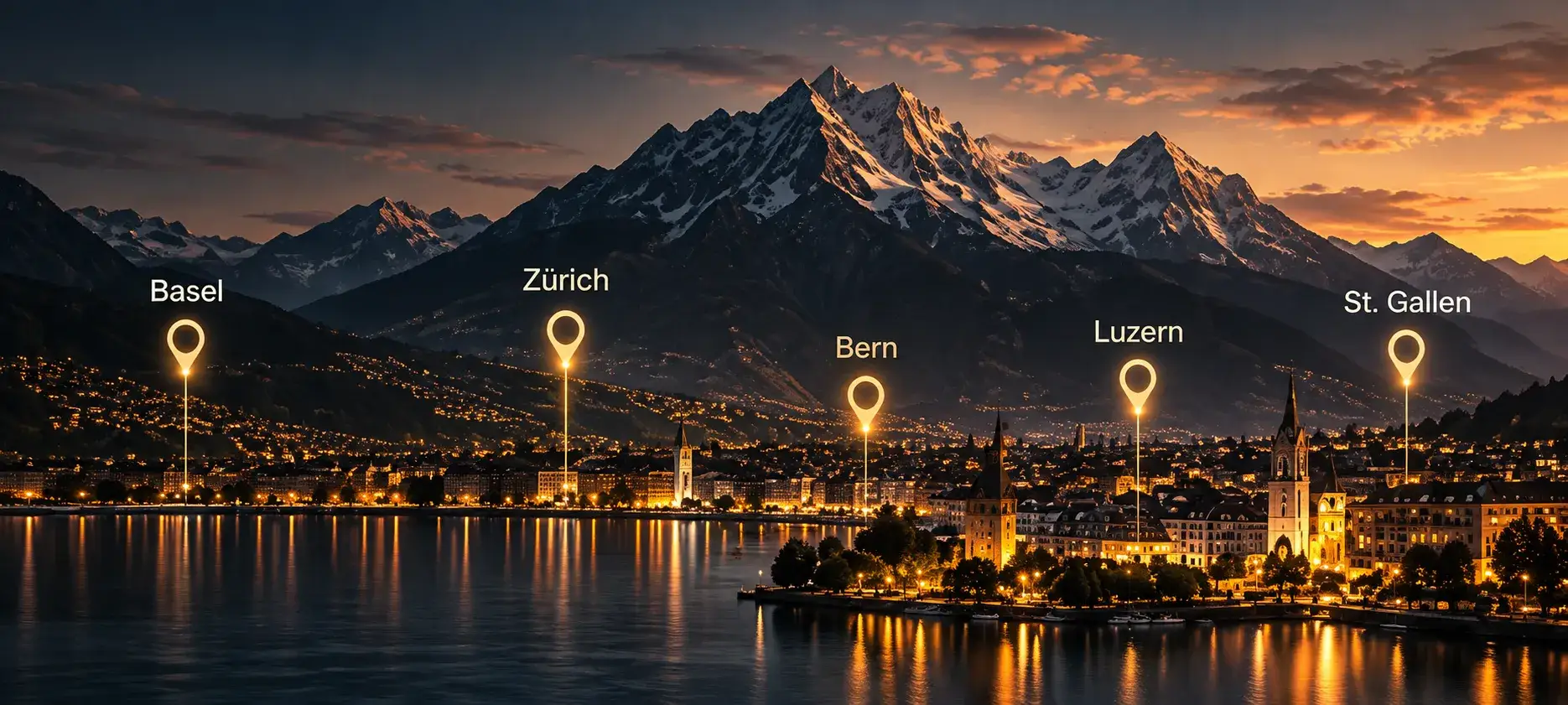 Schweizer Stadt am See vor den Alpen bei Abenddämmerung mit Standortmarkierungen