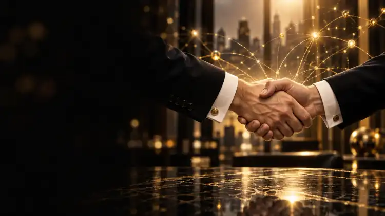 Handschlag zweier Geschäftspartner vor einem goldenen Netzwerk aus Lichtpunkten