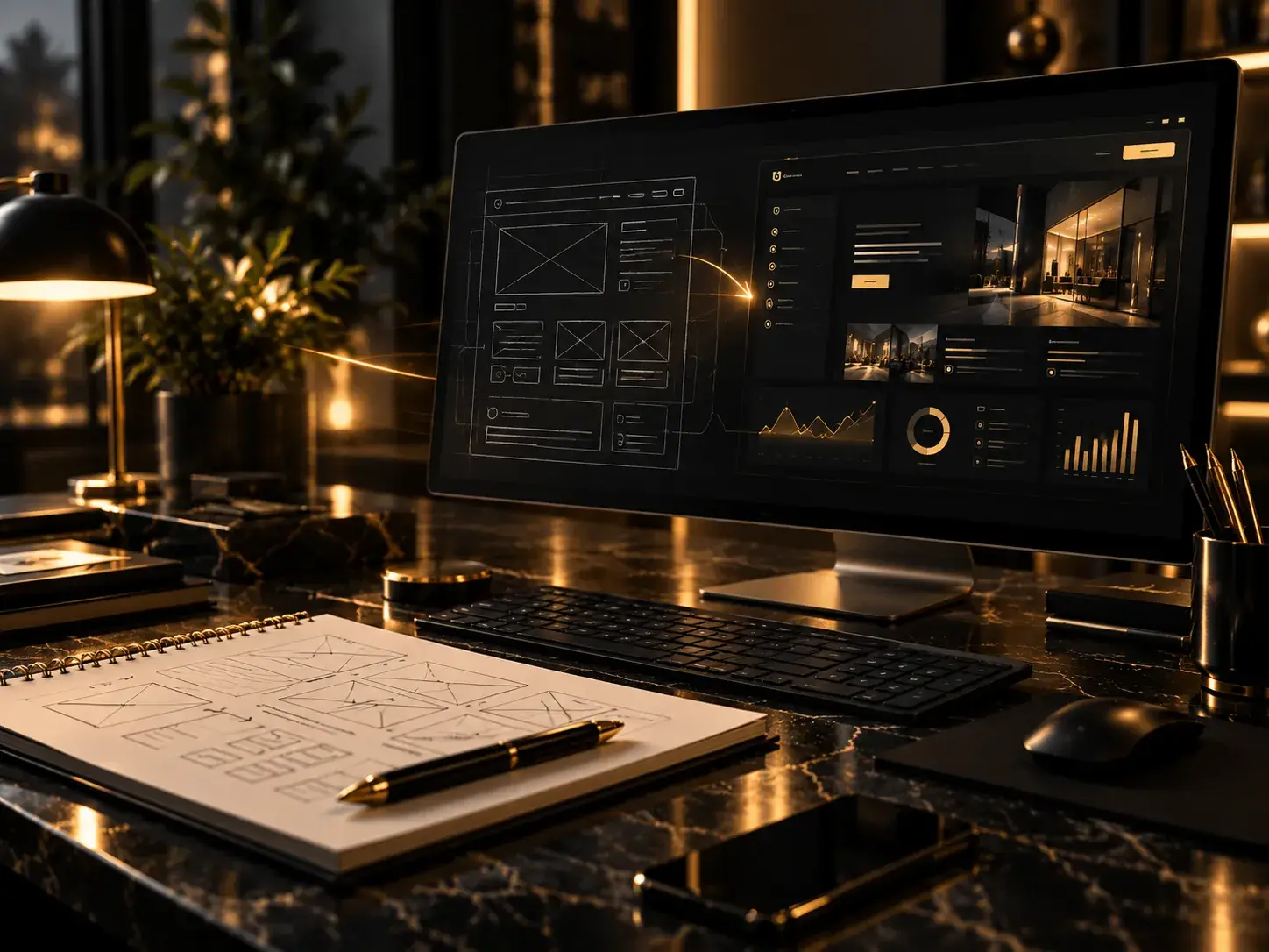Konzeptarbeit für eine Softwareplattform mit Skizzen und Laptop
