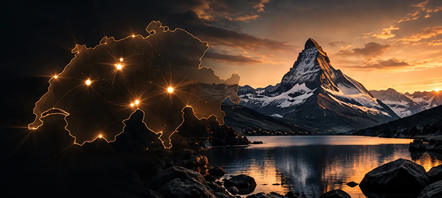 Schweizer Bergsee mit Matterhorn und leuchtender Karte vernetzter Standorte