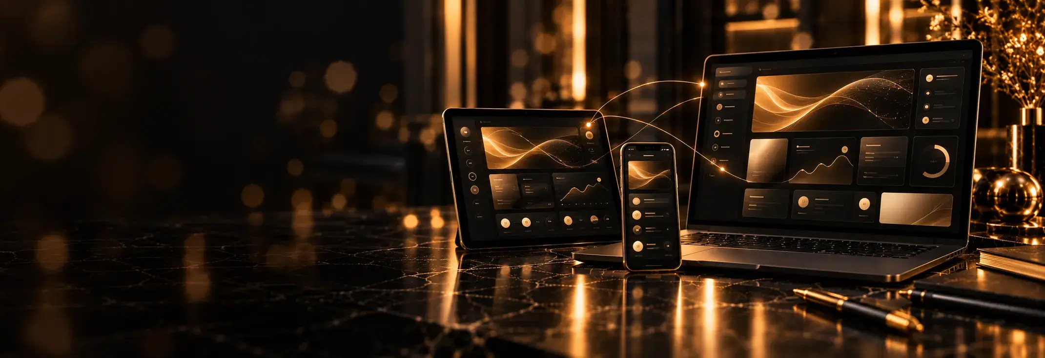 UI/UX Design auf Laptop, Tablet und Smartphone mit dunklem Dashboard und goldenen Akzenten