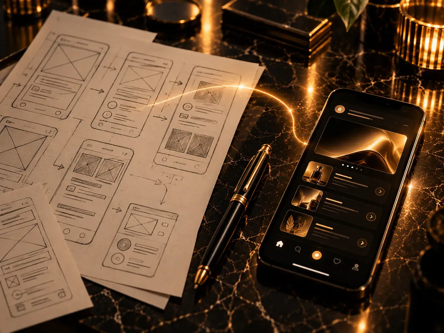 Vom Wireframe zur fertigen App: Skizzen und Smartphone mit UI-Design auf dem Schreibtisch