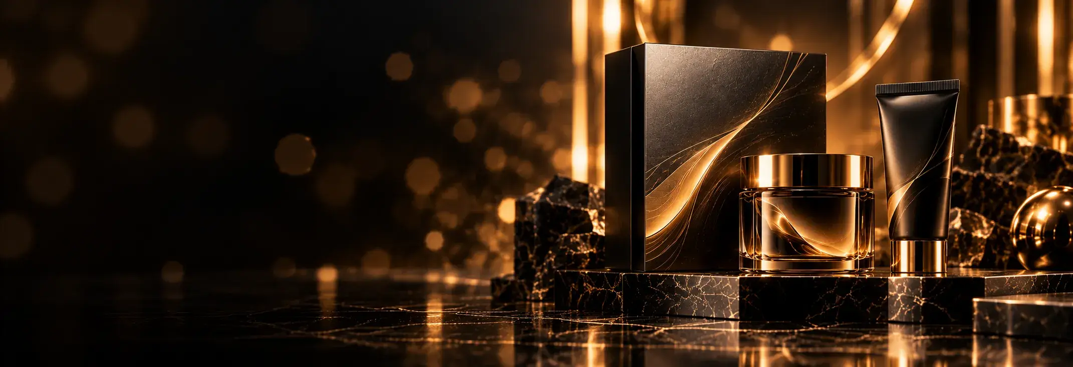 LuxuriÃ¶ses Verpackungsdesign mit schwarzer Schachtel, Creme und Tube in Schwarz-Gold