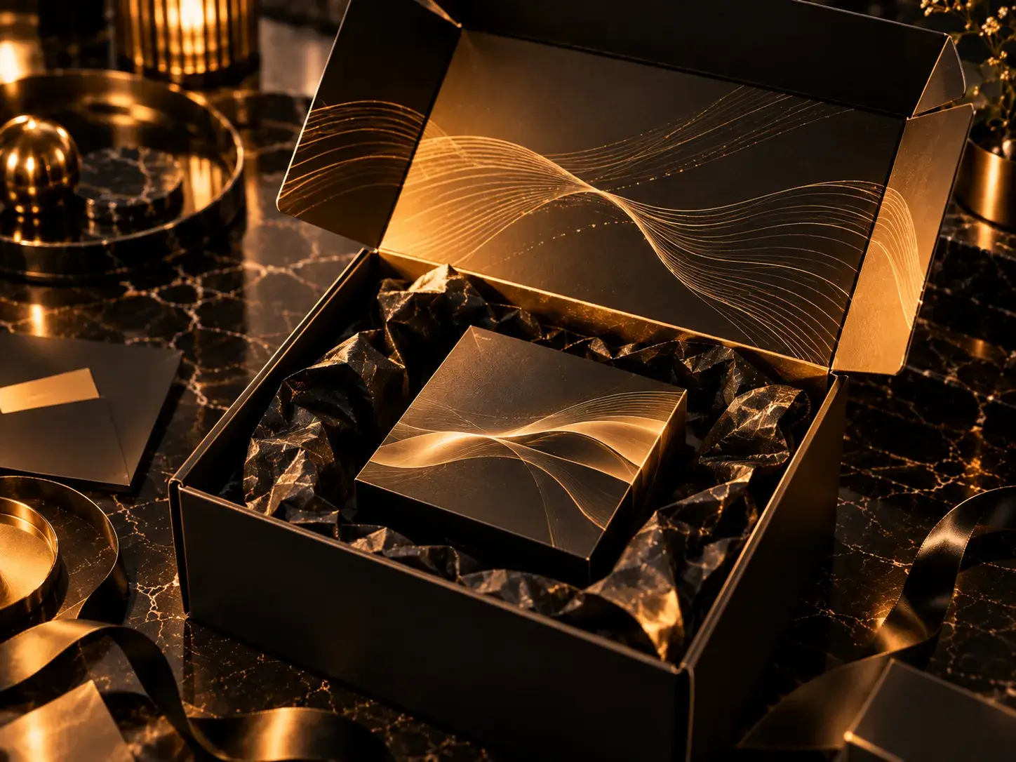 Geöffnete Premium-Verpackung mit Produktkarton und goldenen Linien auf dunklem Untergrund
