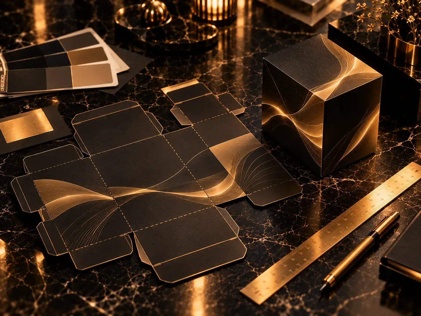 Verpackungskonzept mit Stanzkontur und fertiger Box in Schwarz und Gold am Arbeitsplatz