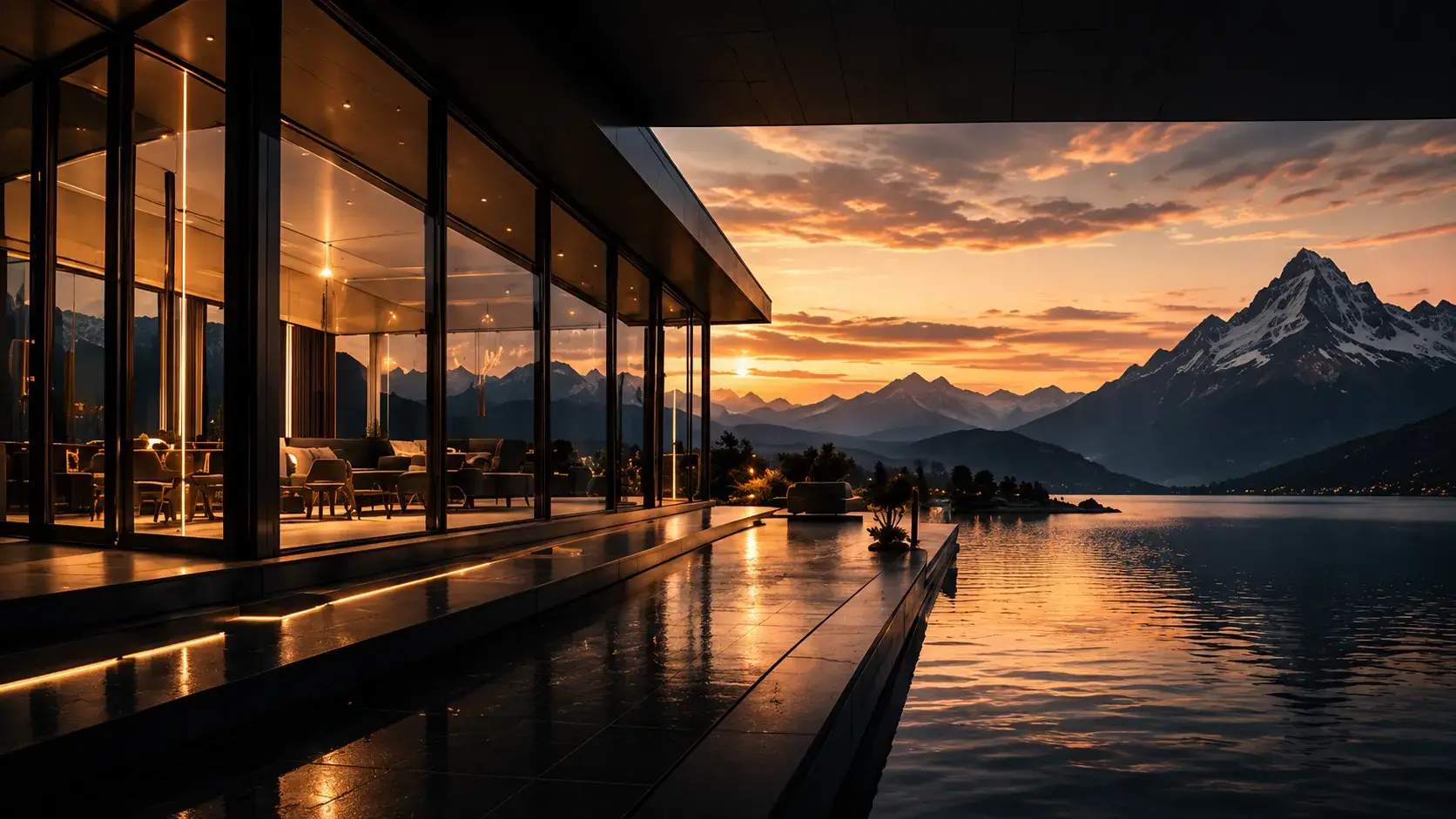 Moderne Villa mit Glasfront an einem Schweizer See vor Alpengipfeln im Abendlicht